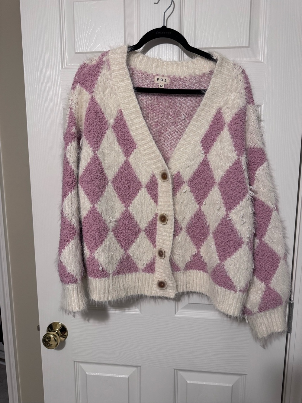 POL Pink and Cream Argyle Fuzzy Button-Front Cardigan oversized